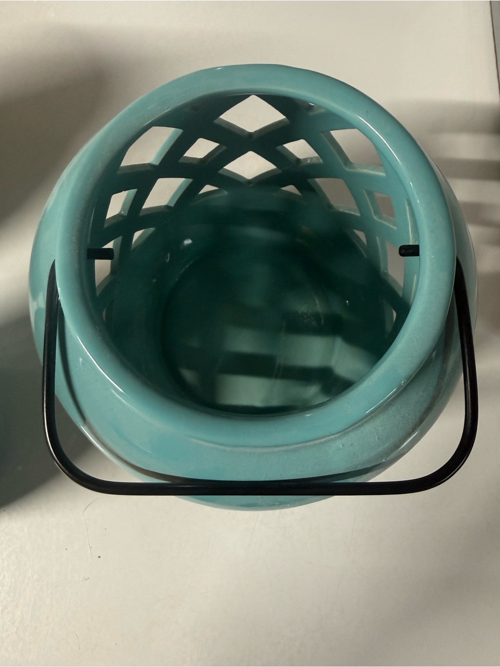Ceramic Lattice Lantern in Aqua Blue with Handle